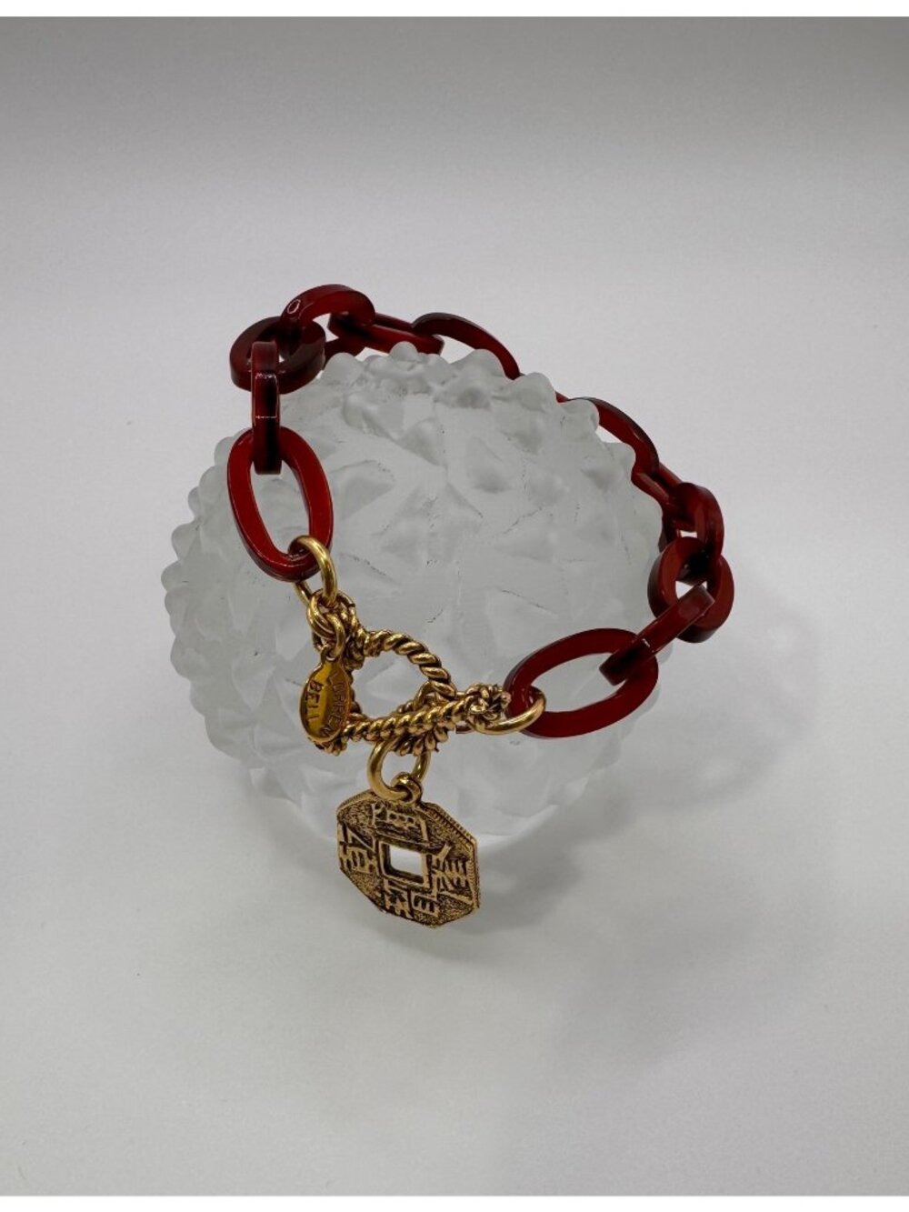 Lorren Bell Red Lucite Link Bracelet Gold Charm Toggle Chunky Vintage
